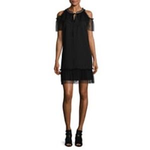 Libby EDELMAN RHINESTONE TIE NECK COLD SHOULDER LACE SHIFT DRESS BLACK XS EUC